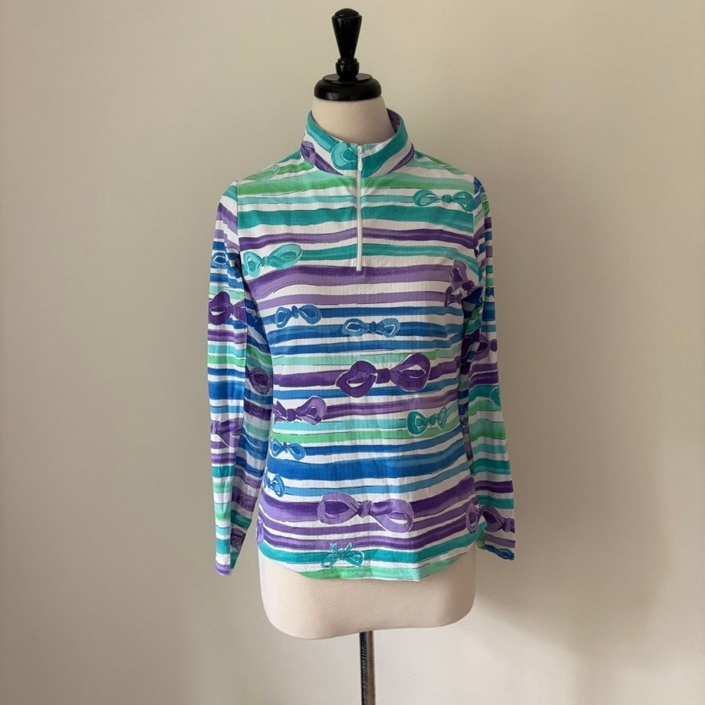 IBKUL  Quarter Zip Sun Shirt Women's M Striped Bow Print Mesh Vent UPF 50+